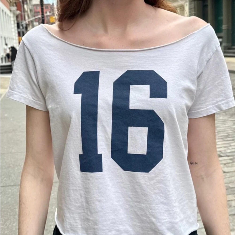 Brandy Melville White and Blue Graphic Crop Tee